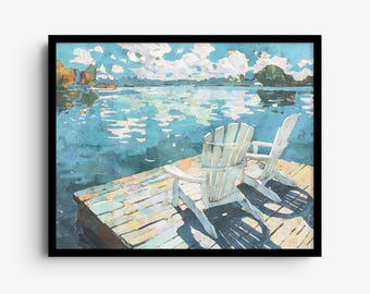 Sedie Adirondack sul molo del lago, stampa artistica ad acquerello