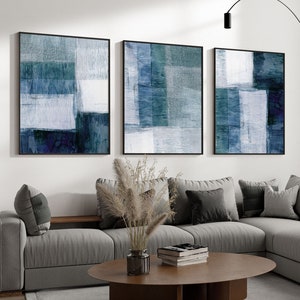 Blue Grey Modern Geometric Abstract Painting Set of 3 Prints hanging above sofa