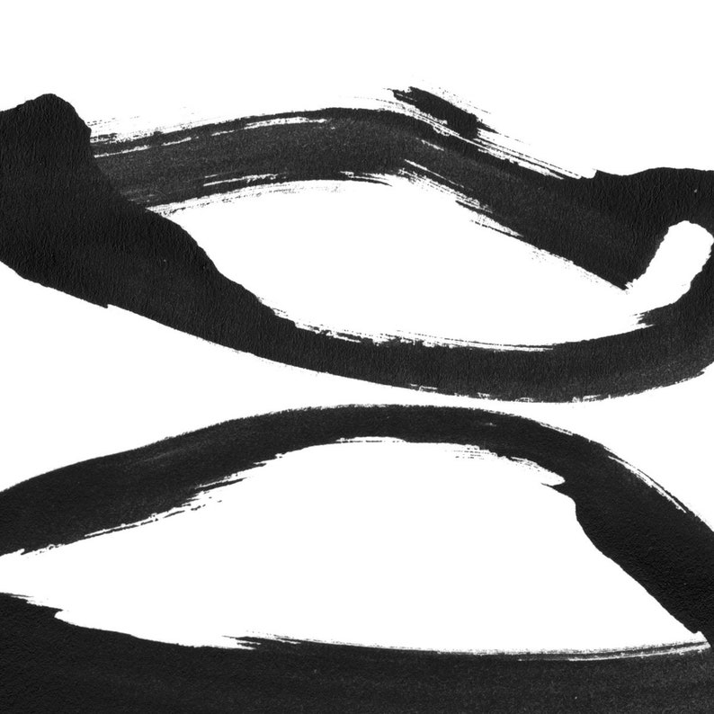 Modern Asian Inspired Wall Art Set of 2 Black and White Contemporary Minimalist Abstract Ink Painting Prints