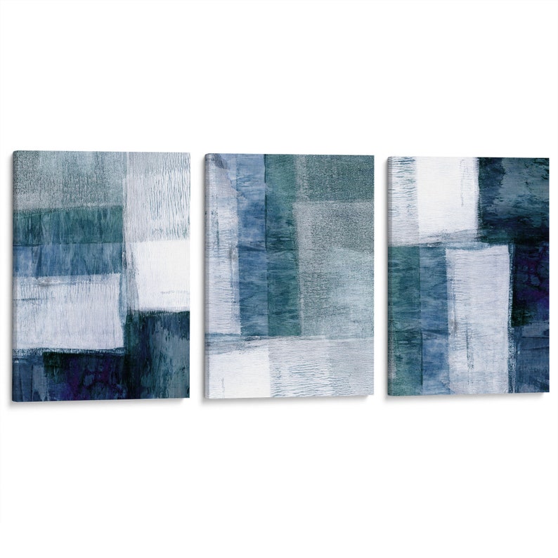 Blue Grey Modern Geometric Abstract Painting Set of 3 Prints on canvas