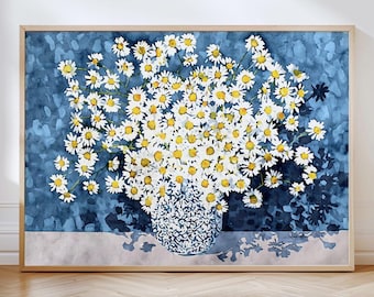 White Chamomile Daisies in Blue Vase - Impressionist Watercolor Floral Still Life Art Print