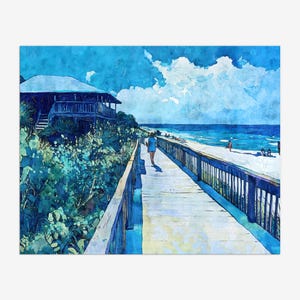 Stampa ad acquerello "Blue Boardwalk Coastal" - Decorazione estiva da spiaggia - Arte murale impressionista con sentiero sull'oceano - Carta o tela - Con o senza cornice