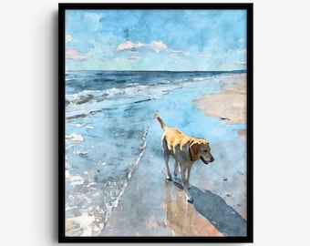 Stampa di un Labrador Retriever giallo sulla spiaggia, acquerello di un cane blu oceano, decorazione murale con animali domestici a tema costiero