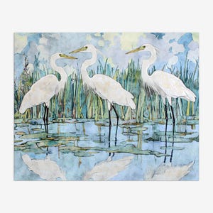 Reiher Trio Sumpf Aquarell Illustration - Sumpfvögel Sumpfgebiet Impressionistische Wand Kunst Druck - Papier oder Leinwand - Gerahmt oder ungerahmt