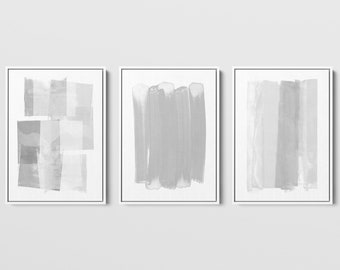 Grey & White Contemporary Abstract Painting Set of 3 Prints, Modern Minimalist Wall Art - Paper - Canvas - Digital Download