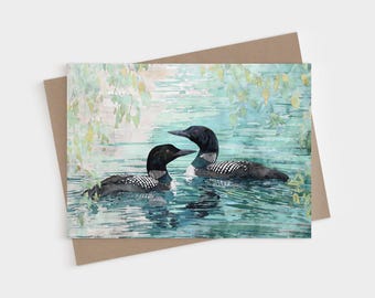 Tarjeta de felicitación de acuarela con forma de colimbo - Aves lacustres en un paisaje natural azul aguamarina - Tarjetas plegables en blanco