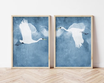 White Egrets in Flight Wall Art Set of 2 Prints - Blue Minimalist Bird Illustrations