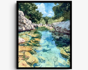 May include: A framed art print featuring a watercolor-style landscape of a clear, turquoise stream flowing between large, light-colored rocks. Lush green trees line the banks under a bright blue sky with white clouds, all encased in a black frame.