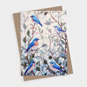 Bluebird Branches Blank Folded Note Card - Watercolor Blush and Blue Woodland Greeting