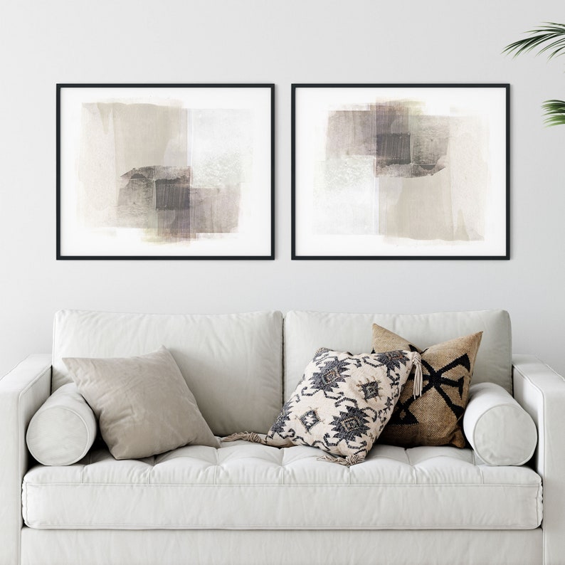 Beige and Brown Modern Diptych Wall Art Contemporary Minimalist Horizontal Abstract Painting Print Set of 2