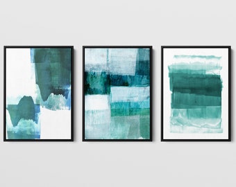 Set of 3 Teal Green Modern Abstract Minimalist Watercolor Painting Prints - Paper or Canvas - Framed or Unframed