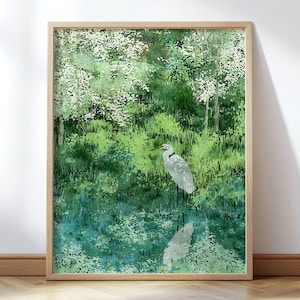 Zilverreiger in weelderig groen moerasland - Serene aquarelvogelkunstdruk