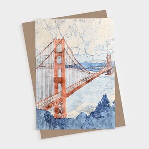 Golden Gate Bridge Folded Note Card Set - Watercolor San Francisco Scene Stationery - Blank Inside - Envelopes Included