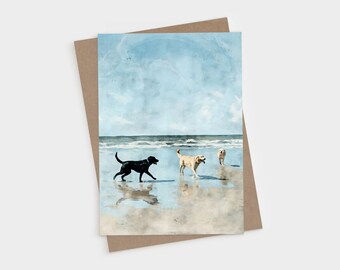 Watercolor Dogs on the Beach Greeting Card - Coastal Labrador Note Cards for Dog Lovers