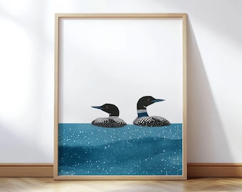Blue and White Watercolor Loon Print - Modern Minimalist Sparkling Lake Wall Art