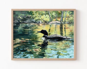 Common Loon Swimming in a Lake Art Print - North Woods Watercolor Wildlife Scene