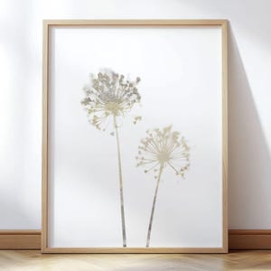 May include: A framed art print featuring two stylized dandelion-like flowers in shades of beige and silver against a white background. The artwork is encased in a light-colored wooden frame, suitable for home decor.