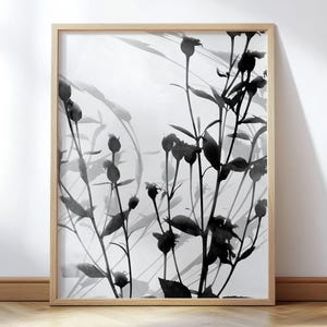 Black and Gray Botanical Silhouette Print - Modern Monochrome Floral Wall Art