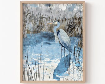 Blue Heron Watercolor Print - Coastal Wetland Bird Wall Art