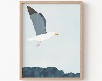 Modern Coastal Seagull in Flight - Blue and Gray Minimalist Nautical Art Print