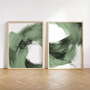 Sage Green and Black Set of 2 Modern Minimalist Abstract Brush Stroke Painting Wall Art Prints - Paper or Canvas - Framed or Unframed