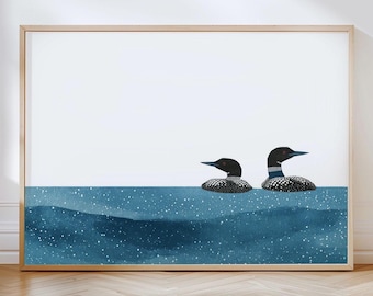 Minimalist Watercolor Loons Horizontal Art Print - Two Black and White Birds on Blue Lake