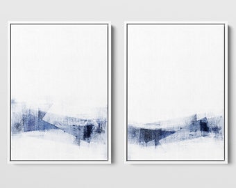 Marineblaues und weißes Set mit 2 modernen minimalistischen abstrakten Gemäldedrucken – Papier oder Leinwand – gerahmt oder ungerahmt