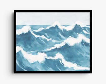 May include: A framed wall art print featuring a painting of ocean waves in shades of blue and white. The artwork depicts rolling sea swells with white foam crests against a pale sky, enclosed within a simple black rectangular frame.