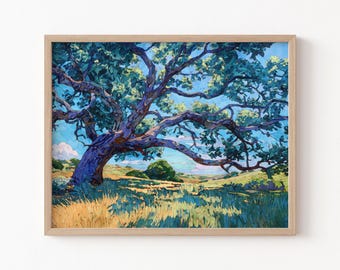Texas Live Oak Tree Art Print - Vibrant Hill Country Watercolor Landscape