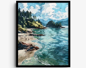 May include: A framed watercolor painting depicting a coastal landscape with a sandy beach, dark rocky outcrops, and deep blue water. Tall evergreen trees line the shore under a bright sky with white clouds and distant blue mountains.