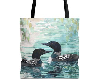 Blue Green Loon Pair Tote Bag, Watercolor Lake Bird Nature Shoulder Bag