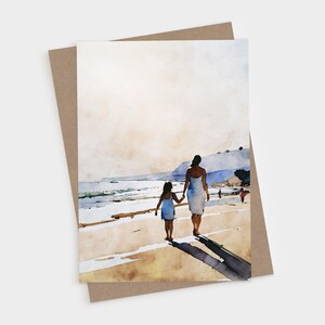 Mother and Daughter at the Beach Note Blank Folded Note Cards Set - Watercolor Coastal Scene Stationery