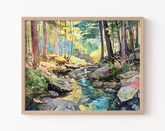 Estampa de acuarela de un arroyo en el bosque: arte de un bosque de finales de verano en tonos verdes, dorados y azules.
