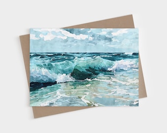 Tarjeta plegable en blanco con diseño de olas rompiendo en el océano - Papelería con motivos costeros y de surf en acuarela