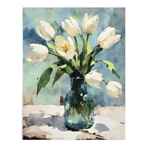 Weiße Tulpen in blauer Glasvase Impressionistische Stillleben Aquarell Malerei Druck - Papier oder Leinwand - Gerahmt oder ungerahmt
