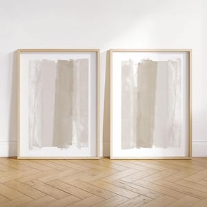 Neutral Abstract Wall Art Set of 2 - Minimalist Beige Brushstroke Prints - Paper or Canvas - Framed or Unframed