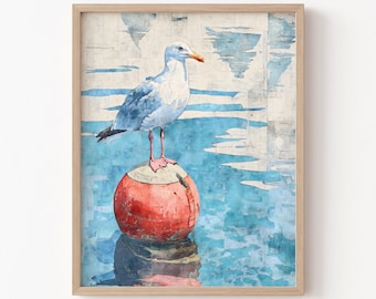 Seagull on Red Buoy Coastal Watercolor Wall Art Print