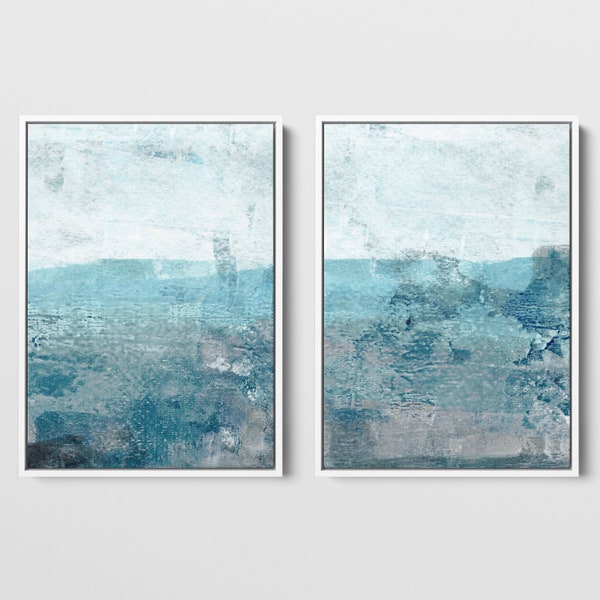 Set of 2 Aqua Blue Green and Grey Contemporary Minimalist Abstract Seascape Painting Prints - Paper or Canvas