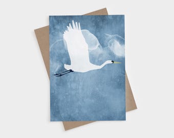 Garza volando - Alas arriba - Tarjetas plegables en blanco - Papelería con ilustración minimalista de aves