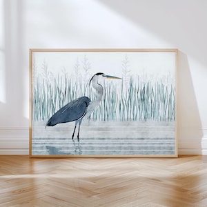 Blauwe reiger moerasprint - Minimalistische aquarel vogelkunst aan de muur voor natuurliefhebbers