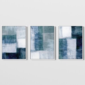 Blaugraues modernes geometrisches abstraktes Gemälde-Set mit 3 Drucken Papier oder Leinwand gerahmt oder ungerahmt CANVAS White Wood Frame