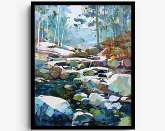 May include: A framed landscape painting depicting a forest stream flowing over rocks. The scene features a palette of deep blues, teals, and greens, with white highlights on the water and stones, set against a backdrop of tall, slender trees.