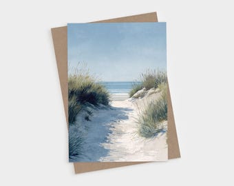 Tarjeta de felicitación "Sendero de dunas de playa" - Tarjetas plegadas en blanco con acuarela costera azul y beige