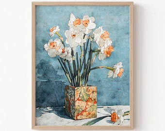 Lámina de acuarela con narcisos en un jarrón floral - Decoración de pared en tonos azules y naranjas.
