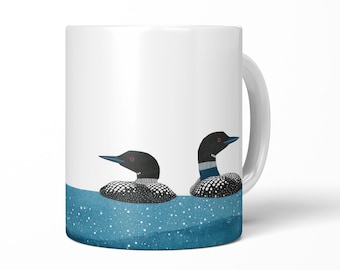 Loon Pair Mug, Minimalist Minnesota Lake Coffee Cup, Black Blue White Bird Lover Gift