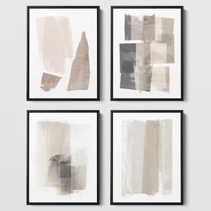 Set of 4 Neutral Beige and Grey Modern Abstract Painting Prints, Contemporary Minimalist Wall Art - Paper or Canvas - Framed or Unframed