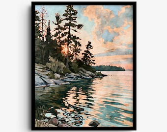 Stampa artistica del tramonto nel Parco Nazionale di Voyageurs, lago color pesca, blu e verde ad acquerello, paesaggio del Minnesota