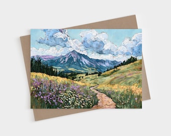 Tarjeta plegable en blanco de Crested Butte, Colorado, papelería con diseño de pradera de montaña y flores silvestres.