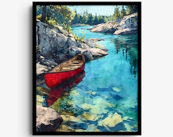 Canoa rossa su un lago nella regione dei Boundary Waters - Stampa artistica ad acquerello della natura selvaggia del Minnesota