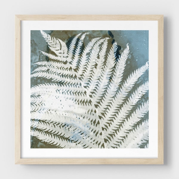 Blue and Brown Fern Leaf Botanical Watercolor Painting Square Format Print - Paper or Canvas - Framed or Unframed